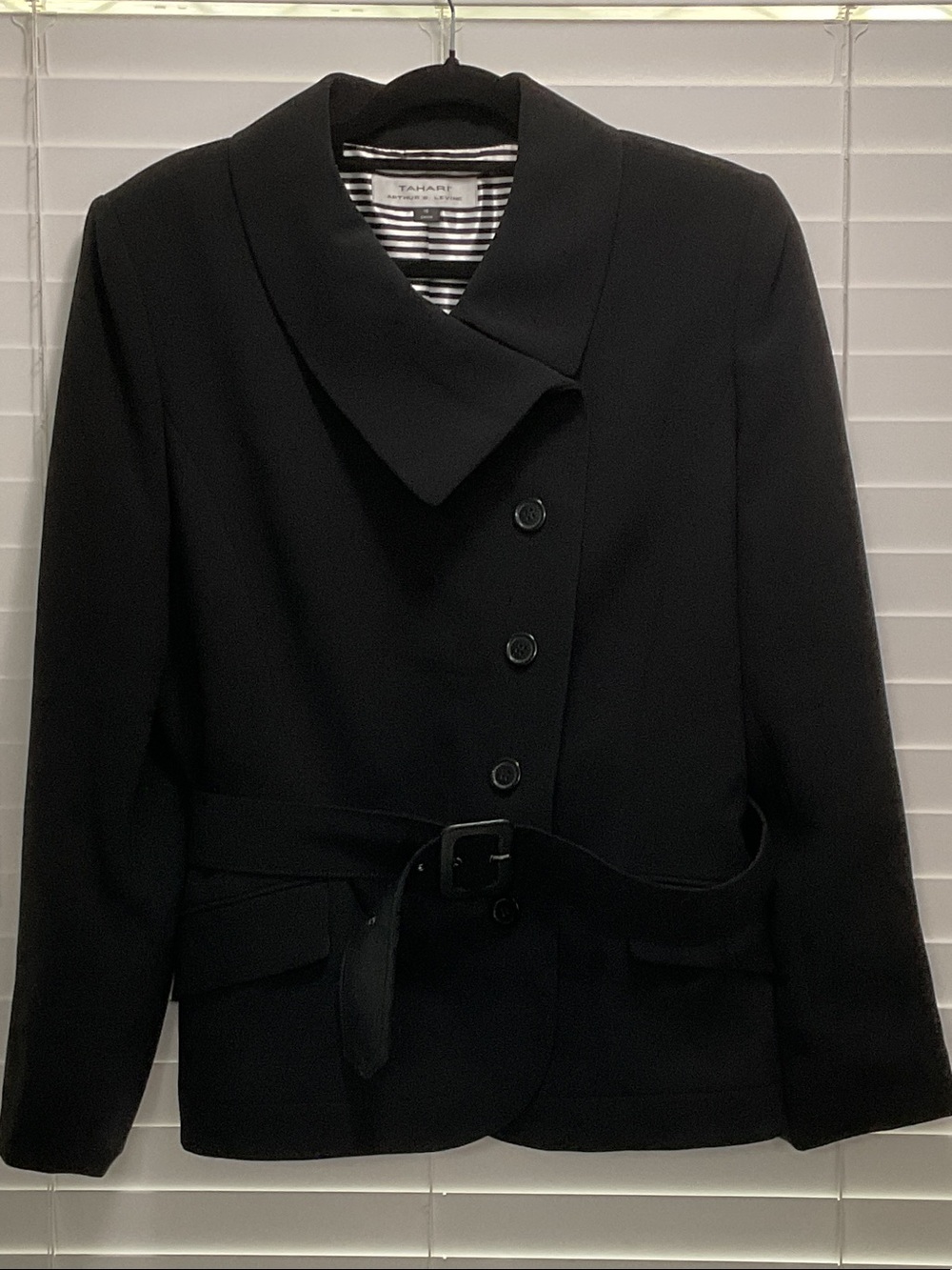 Tahari Black Belted Asymmetric Collar long sleeve lined Blazer